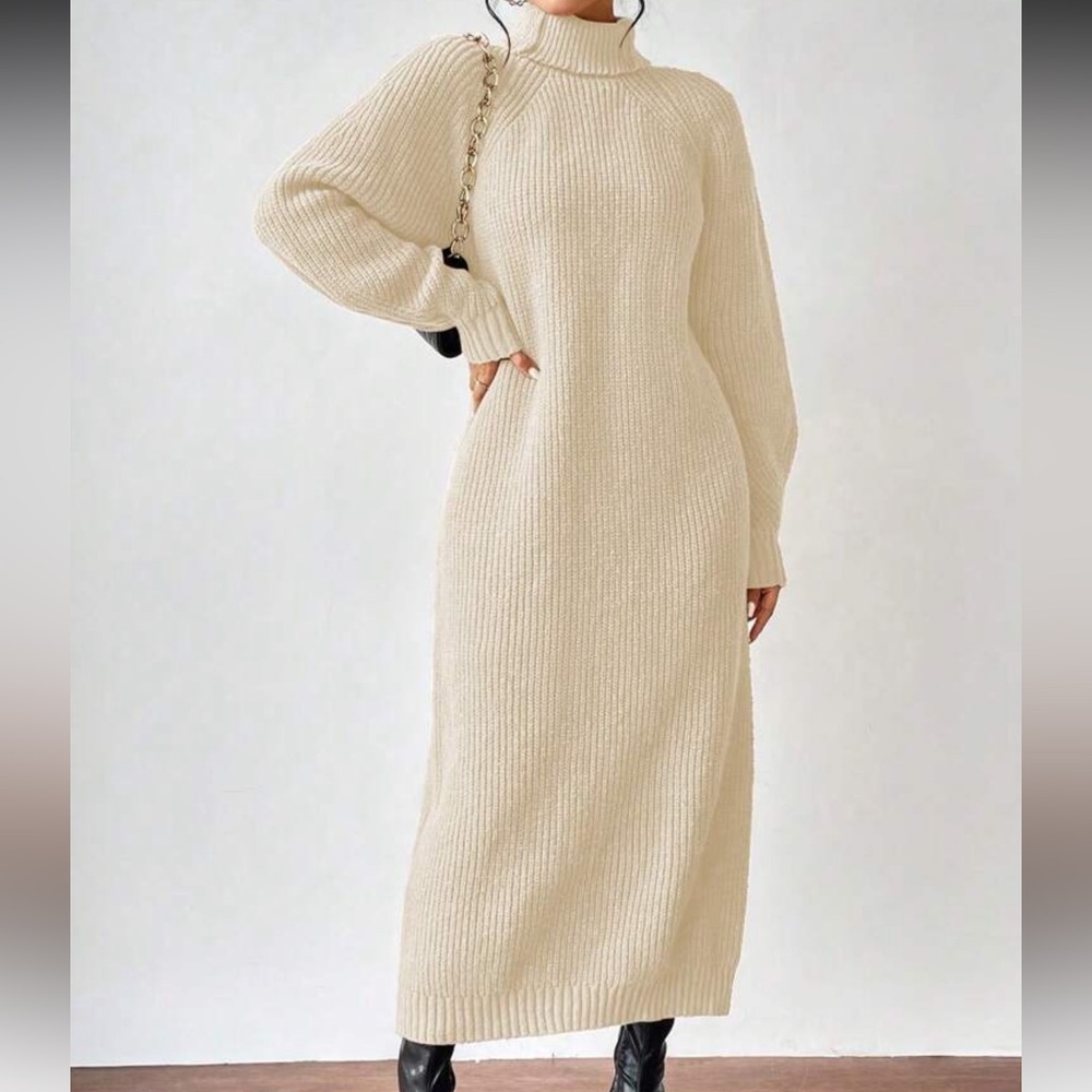 Cream Ribbed Knit Sweater Dress